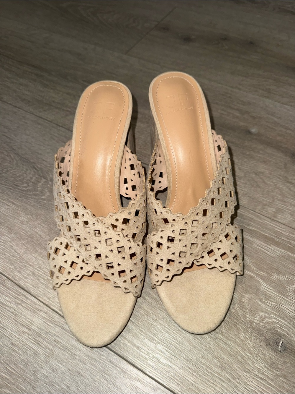 JustFab Beige Ayesha Curry Laser-Cut Suede Slide Heels